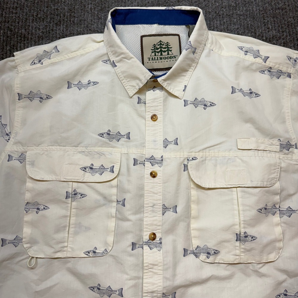 Tallwoods Elementwear Mens 3XL Tall Short Sleeve Fishing Shirt Beige Fish Vented